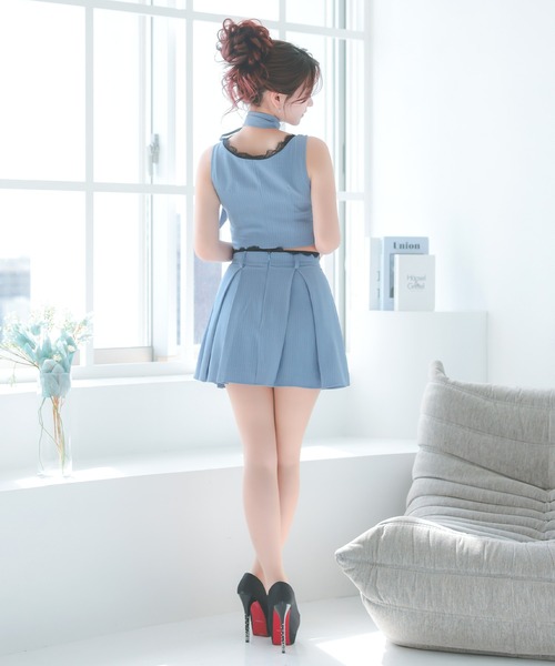 Tika（ティカ）の「キャバドレス セットアップ ミニ フレア ノースリーブ ブラックレース ネックリボン セクシードレス（ドレス・レディース・グレー/ブルー・XL/S/M/L）」の9枚目の写真