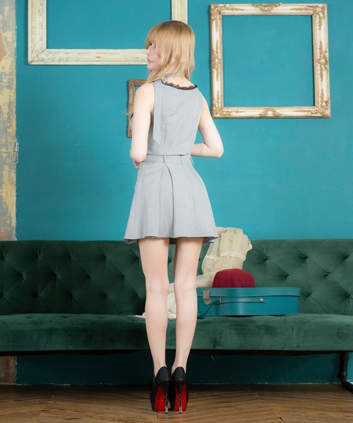 Tika（ティカ）の「キャバドレス セットアップ ミニ フレア ノースリーブ ブラックレース ネックリボン セクシードレス（ドレス・レディース・グレー/ブルー・XL/S/M/L）」の5枚目の写真