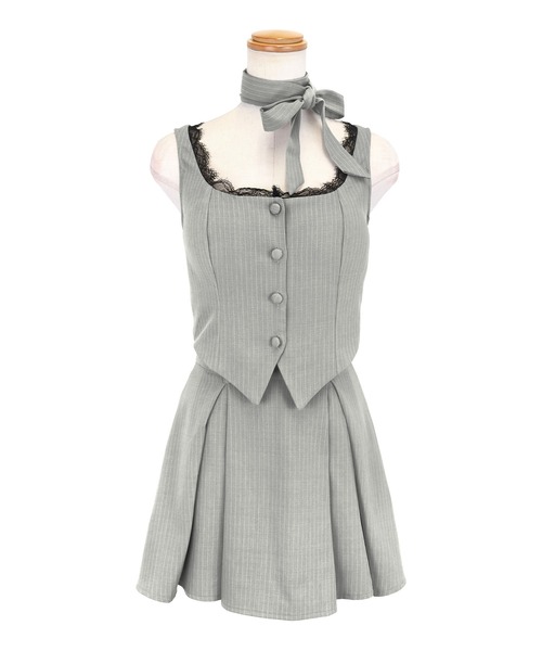 Tika（ティカ）の「キャバドレス セットアップ ミニ フレア ノースリーブ ブラックレース ネックリボン セクシードレス（ドレス・レディース・グレー/ブルー・XL/S/M/L）」の7枚目の写真