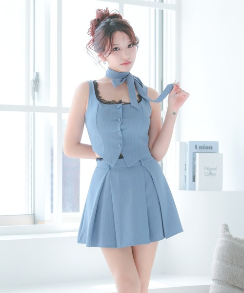 Tika（ティカ）の「キャバドレス セットアップ ミニ フレア ノースリーブ ブラックレース ネックリボン セクシードレス（ドレス・レディース・グレー/ブルー・XL/S/M/L）」の16枚目の写真