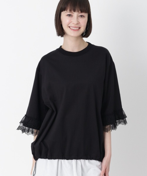 H.A.K(ハク)の「40/2マーセライズ天竺+チュールレースフリル6分袖カットソー(Tシャツ/カットソー・レディース・チャコール/ブラック/ホワイト・FREE)」の2枚目の写真