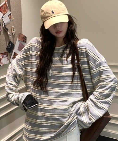 Vipoa(ヴィポア)の「ボーダーロングTシャツ(Tシャツ/カットソー・レディース・ベビーピンク/グレー・FREE)」の16枚目の写真