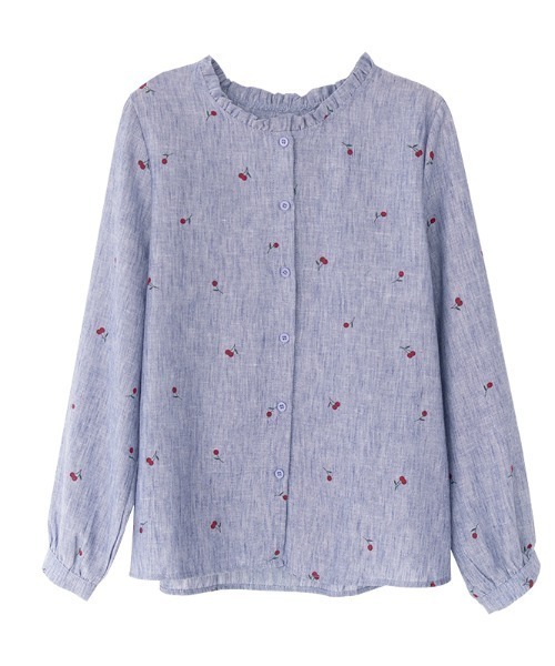LUCPY(ラクピー)の「小花刺繍ノーカラーブラウス(シャツ/ブラウス・レディース・ブルー/グレー・X-LARGE/LARGE/MEDIUM/SMALL)」の5枚目の写真