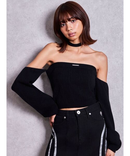 GYDA(ジェイダ)の「GYDAオフショルチョーカーケーブルニットトップス(ニット/セーター・レディース・グレー/オフホワイト/ブラック/ピンク・FREE)」の11枚目の写真