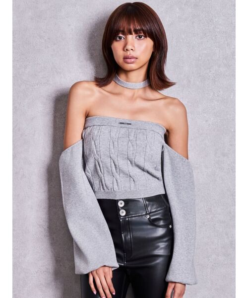 GYDA(ジェイダ)の「GYDAオフショルチョーカーケーブルニットトップス(ニット/セーター・レディース・グレー/オフホワイト/ブラック/ピンク・FREE)」の16枚目の写真