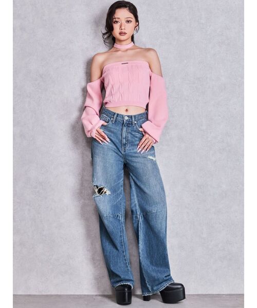 GYDA(ジェイダ)の「GYDAオフショルチョーカーケーブルニットトップス(ニット/セーター・レディース・グレー/オフホワイト/ブラック/ピンク・FREE)」の22枚目の写真