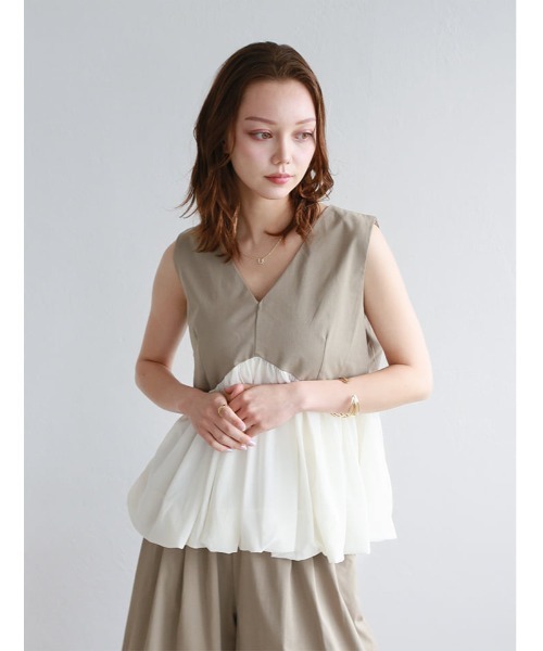 fifth(フィフス)の「【2点SET】ペプラムデザインノースリトップス×パンツ(セットアップ・レディース・ライトブラウン/ブラック・M)」の7枚目の写真