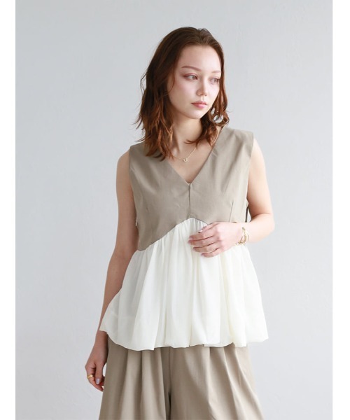 fifth(フィフス)の「【2点SET】ペプラムデザインノースリトップス×パンツ(セットアップ・レディース・ライトブラウン/ブラック・M)」の8枚目の写真