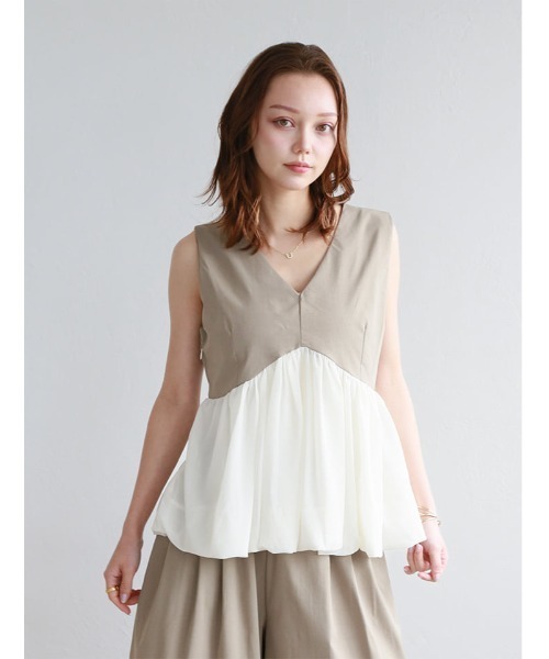 fifth(フィフス)の「【2点SET】ペプラムデザインノースリトップス×パンツ(セットアップ・レディース・ライトブラウン/ブラック・M)」の9枚目の写真