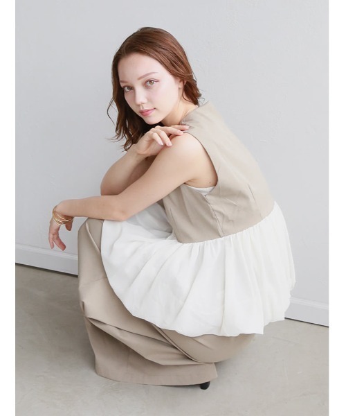 fifth(フィフス)の「【2点SET】ペプラムデザインノースリトップス×パンツ(セットアップ・レディース・ライトブラウン/ブラック・M)」の14枚目の写真