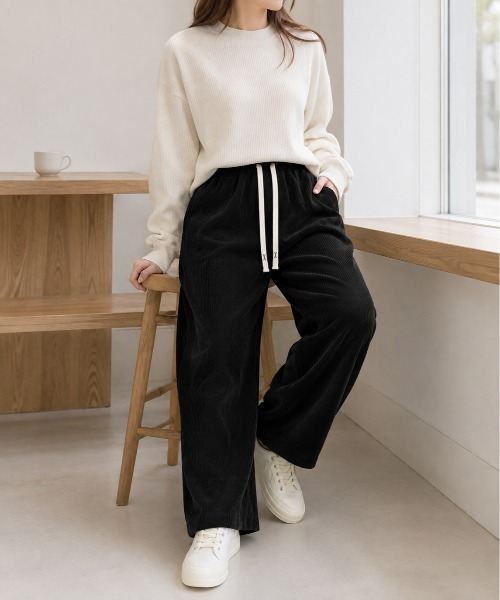 Mku Ekta(ムクエクタ)の「ウエストゴムドロストイージーコーデュロイパンツ(スウェットパンツ・レディース・ブラック/アイボリー・L/M)」の20枚目の写真