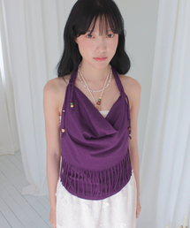 ANITA LO フリンジカウルホルターネックノースリーブビーズトップ_プラムパープル