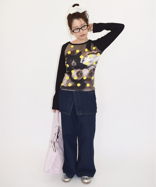 shyam inspiration(シャムインスピレーション)の「ドット柄アニマルプリントラグランロンT/キャット/ドッグ(Tシャツ/カットソー・レディース・カーキ/ブラック・M/L)」の5枚目の写真