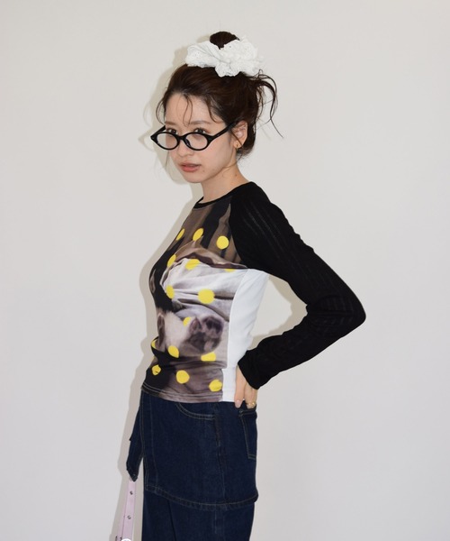 shyam inspiration(シャムインスピレーション)の「ドット柄アニマルプリントラグランロンT/キャット/ドッグ(Tシャツ/カットソー・レディース・カーキ/ブラック・M/L)」の7枚目の写真