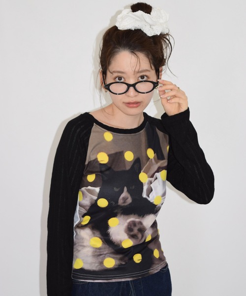 shyam inspiration(シャムインスピレーション)の「ドット柄アニマルプリントラグランロンT/キャット/ドッグ(Tシャツ/カットソー・レディース・カーキ/ブラック・M/L)」の8枚目の写真