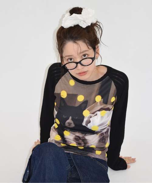shyam inspiration(シャムインスピレーション)の「ドット柄アニマルプリントラグランロンT/キャット/ドッグ(Tシャツ/カットソー・レディース・カーキ/ブラック・M/L)」の10枚目の写真