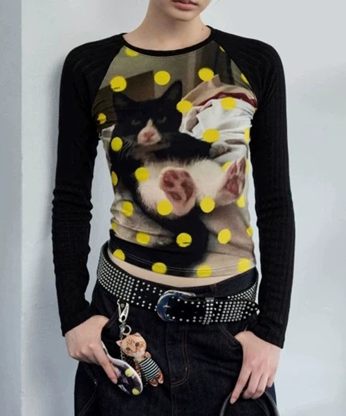 shyam inspiration(シャムインスピレーション)の「ドット柄アニマルプリントラグランロンT/キャット/ドッグ(Tシャツ/カットソー・レディース・カーキ/ブラック・M/L)」の16枚目の写真