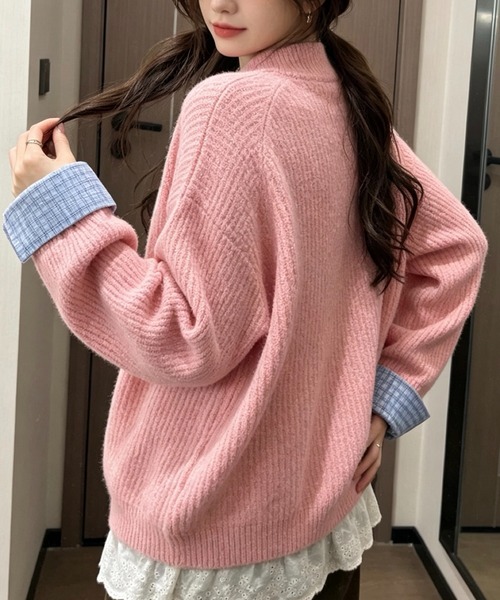 SHOUYO（ショウヨウ）の「袖口切替異素材ニットカーディガン（ニット/セーター・レディース・グレー/ライトグレー/ピンク・M）」の5枚目の写真