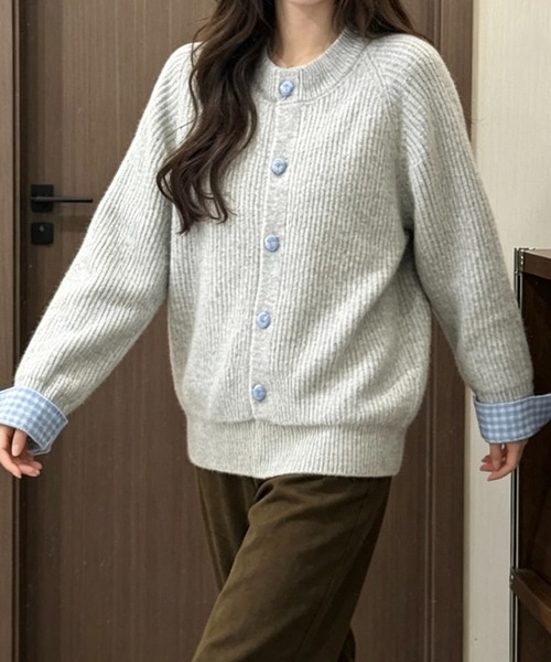 SHOUYO（ショウヨウ）の「袖口切替異素材ニットカーディガン（ニット/セーター・レディース・グレー/ライトグレー/ピンク・M）」の14枚目の写真