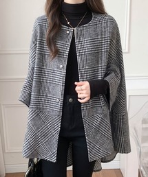 【2026AW】ポンチョコート レディース ケープコート 選べる2タイプ 無地 チェック柄 ノーカラー 前開き ボタン付き ワイドスリーブ 前後差 ミドル丈 ゆったり オーバーサイズ 体型カバー 羽織り アウター きれいめ カジュアル 秋 冬