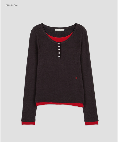 ATELIER NAIN（アトリエナイン）の「(T-7293)COLOR-BLOCK HENLEY NECK LAYERED KNIT（ニット/セーター・レディース・グレー/ダークブラウン/チャコール・FREE）」の3枚目の写真