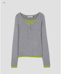 (T-7293)COLOR-BLOCK HENLEY NECK LAYERED KNIT