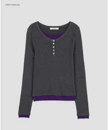 (T-7293)COLOR-BLOCK HENLEY NECK LAYERED KNIT