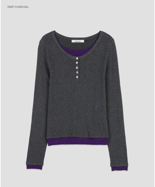 ATELIER NAIN（アトリエナイン）の「(T-7293)COLOR-BLOCK HENLEY NECK LAYERED KNIT（ニット/セーター・レディース・グレー/ダークブラウン/チャコール・FREE）」の2枚目の写真