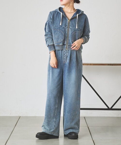 BEARDSLEY(ビアズリー)の「デニム裏毛ドロストワイドパンツ【セットアップ】(その他パンツ・レディース・ブルー・FREE)」の2枚目の写真