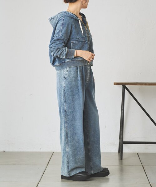 BEARDSLEY(ビアズリー)の「デニム裏毛ドロストワイドパンツ【セットアップ】(その他パンツ・レディース・ブルー・FREE)」の4枚目の写真