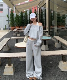 ホルターネック タンクトップ&オフショルトレーナー&ドローストリングワイドパンツセットアップ