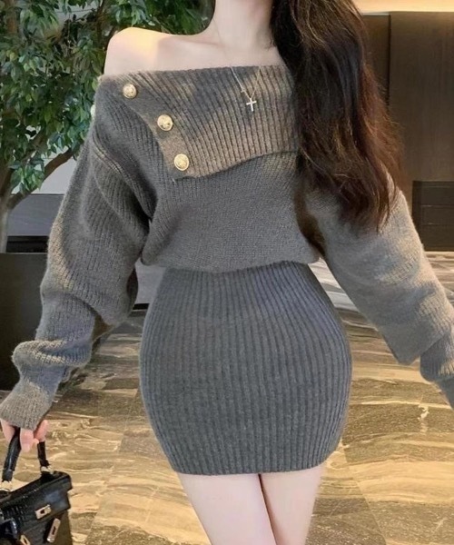 Alvia(アルビア)の「オフショルニットワンピース(ワンピース・レディース・グレー/ホワイト・M)」の12枚目の写真