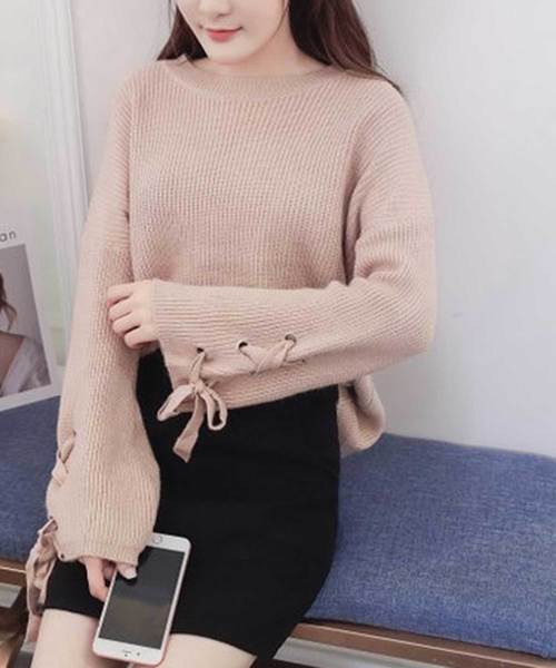 STYLEBLOCK(スタイルブロック)の「袖レースアップニット&スカートセット(ニット/セーター・レディース・ホワイト/ベージュ/レッド/オリーブ/ブラック/グレー・M/2XL/L/XL/S)」の4枚目の写真