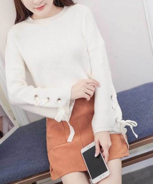 STYLEBLOCK(スタイルブロック)の「袖レースアップニット&スカートセット(ニット/セーター・レディース・ホワイト/ベージュ/レッド/オリーブ/ブラック/グレー・M/2XL/L/XL/S)」の2枚目の写真