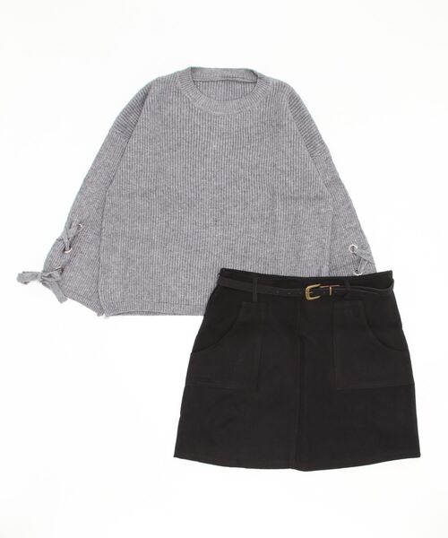 STYLEBLOCK(スタイルブロック)の「袖レースアップニット&スカートセット(ニット/セーター・レディース・ホワイト/ベージュ/レッド/オリーブ/ブラック/グレー・M/2XL/L/XL/S)」の3枚目の写真