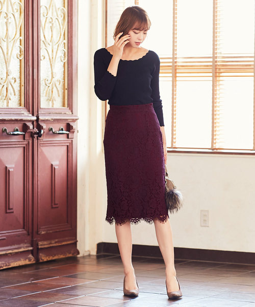 KOBE LETTUCE（コウベレタス）の「総レースデザインミディ丈タイトスカート【セットアップOK】（スカート・レディース・キャメル/ワイン/ダークグリーン/ブラック/コーラル/ネイビー/グレイッシュベージュ/ライトパープル/グリーン・FREE）」の15枚目の写真