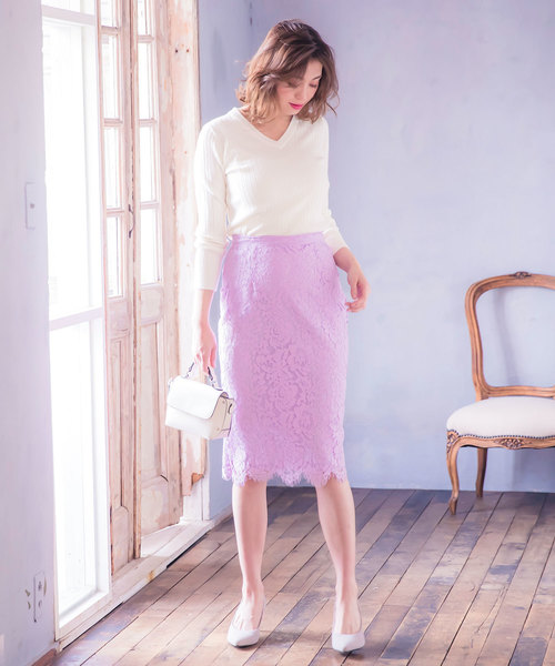 KOBE LETTUCE（コウベレタス）の「総レースデザインミディ丈タイトスカート【セットアップOK】（スカート・レディース・キャメル/ワイン/ダークグリーン/ブラック/コーラル/ネイビー/グレイッシュベージュ/ライトパープル/グリーン・FREE）」の22枚目の写真