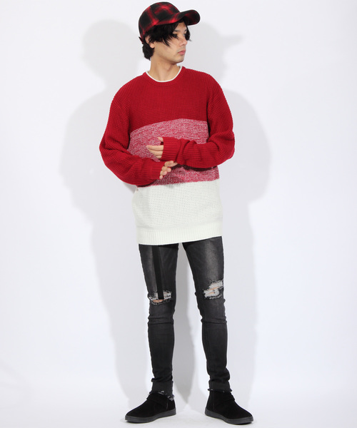 ８(eight)（エイト）の「ボーダー ニットセーター ざっくりニット（ニット/セーター・メンズ・ブラック/レッド/ネイビー・MEDIUM/LARGE/X-LARGE）」の11枚目の写真