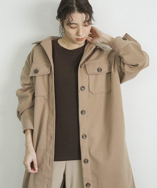 select MOCA(セレクトモカ)の「フェイクウールシャツコート/ウールライクビッグシルエットCPOロングコート(ステンカラーコート・レディース・ベージュ/ブラウン/ライトベージュ・FREE)」の10枚目の写真