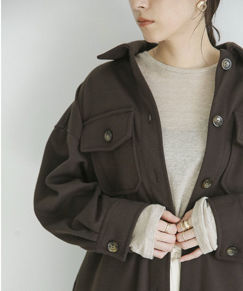 フェイクウールシャツコート/ウールライクビッグシルエットCPOロング