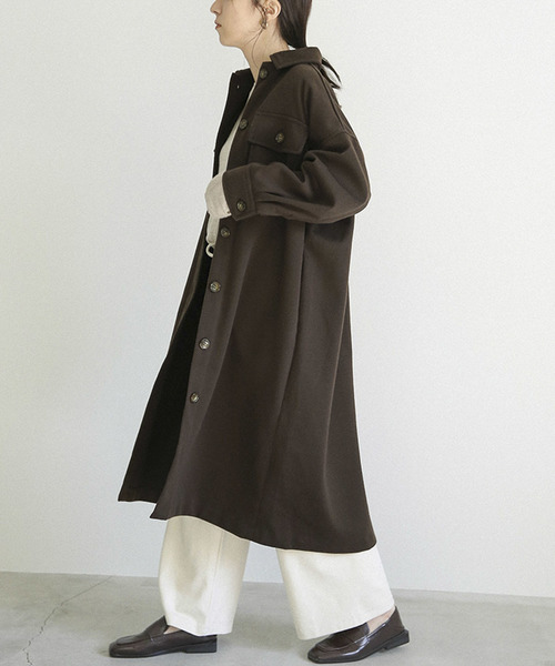 select MOCA(セレクトモカ)の「フェイクウールシャツコート/ウールライクビッグシルエットCPOロングコート(ステンカラーコート・レディース・ベージュ/ブラウン/ライトベージュ・FREE)」の8枚目の写真