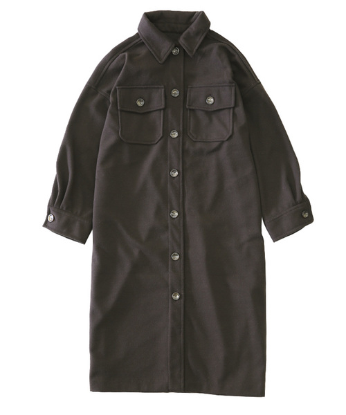 フェイクウールシャツコート/ウールライクビッグシルエットCPOロング
