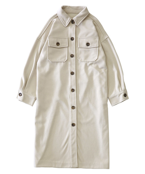 フェイクウールシャツコート/ウールライクビッグシルエットCPOロング