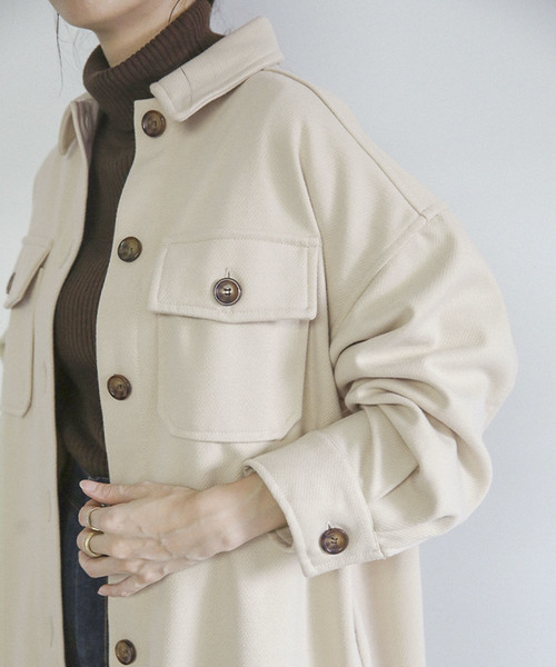 フェイクウールシャツコート/ウールライクビッグシルエットCPOロング