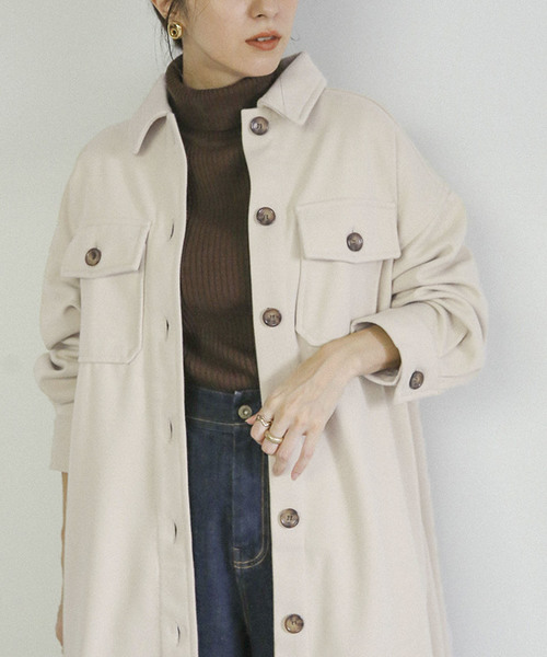 フェイクウールシャツコート/ウールライクビッグシルエットCPOロング