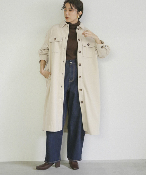 フェイクウールシャツコート/ウールライクビッグシルエットCPOロング