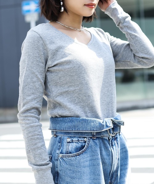 Fashion Letter（ファッションレター）の「ワッフルサーマルVネックコットンTシャツ（Tシャツ/カットソー・レディース・ホワイト/ブラック/ネイビー/カーキ/杢グレー・M/L/4L/LL/3L）」の3枚目の写真