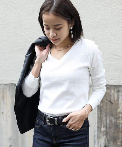 Fashion Letter（ファッションレター）の「ワッフルサーマルVネックコットンTシャツ（Tシャツ/カットソー・レディース・ホワイト/ブラック/ネイビー/カーキ/杢グレー・M/L/4L/LL/3L）」の6枚目の写真