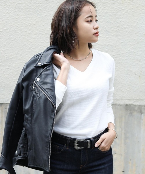 Fashion Letter（ファッションレター）の「ワッフルサーマルVネックコットンTシャツ（Tシャツ/カットソー・レディース・ホワイト/ブラック/ネイビー/カーキ/杢グレー・M/L/4L/LL/3L）」の7枚目の写真