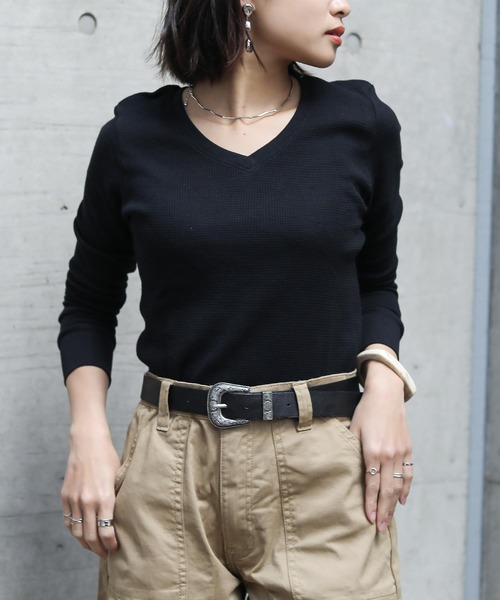 Fashion Letter（ファッションレター）の「ワッフルサーマルVネックコットンTシャツ（Tシャツ/カットソー・レディース・ホワイト/ブラック/ネイビー/カーキ/杢グレー・M/L/4L/LL/3L）」の11枚目の写真